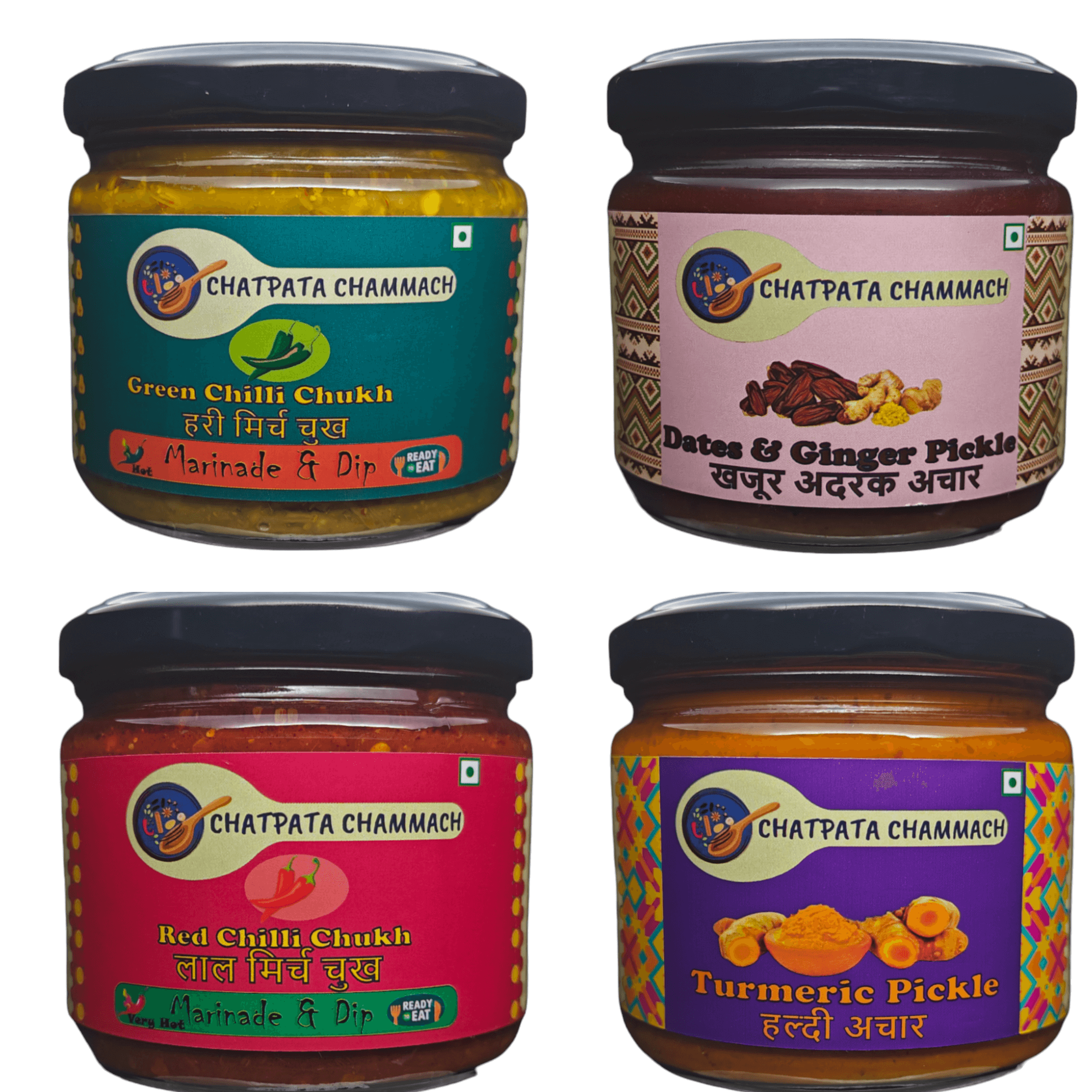 Hot & Sweet Combo (Pack of Dates Pickle, Turmeric Pickle, Red chilli chukh, Green chilli chukh)